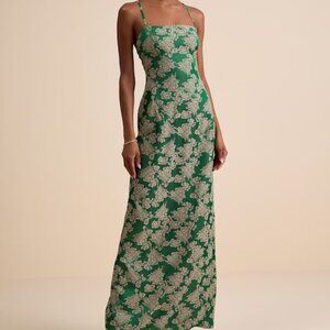 Lulus Merrion Green Floral Satin Lace-up Maxi Dress - Size XL